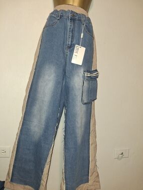 Wide-Leg Blue Denim & Beige Side-Panel Jeggings - Unbranded
